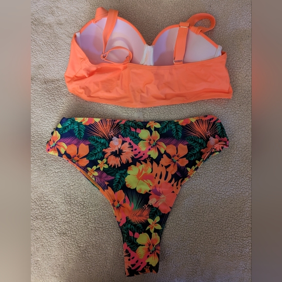 Bikini neon orange top floral bottoms nwt xl shein - Picture 2 of 3